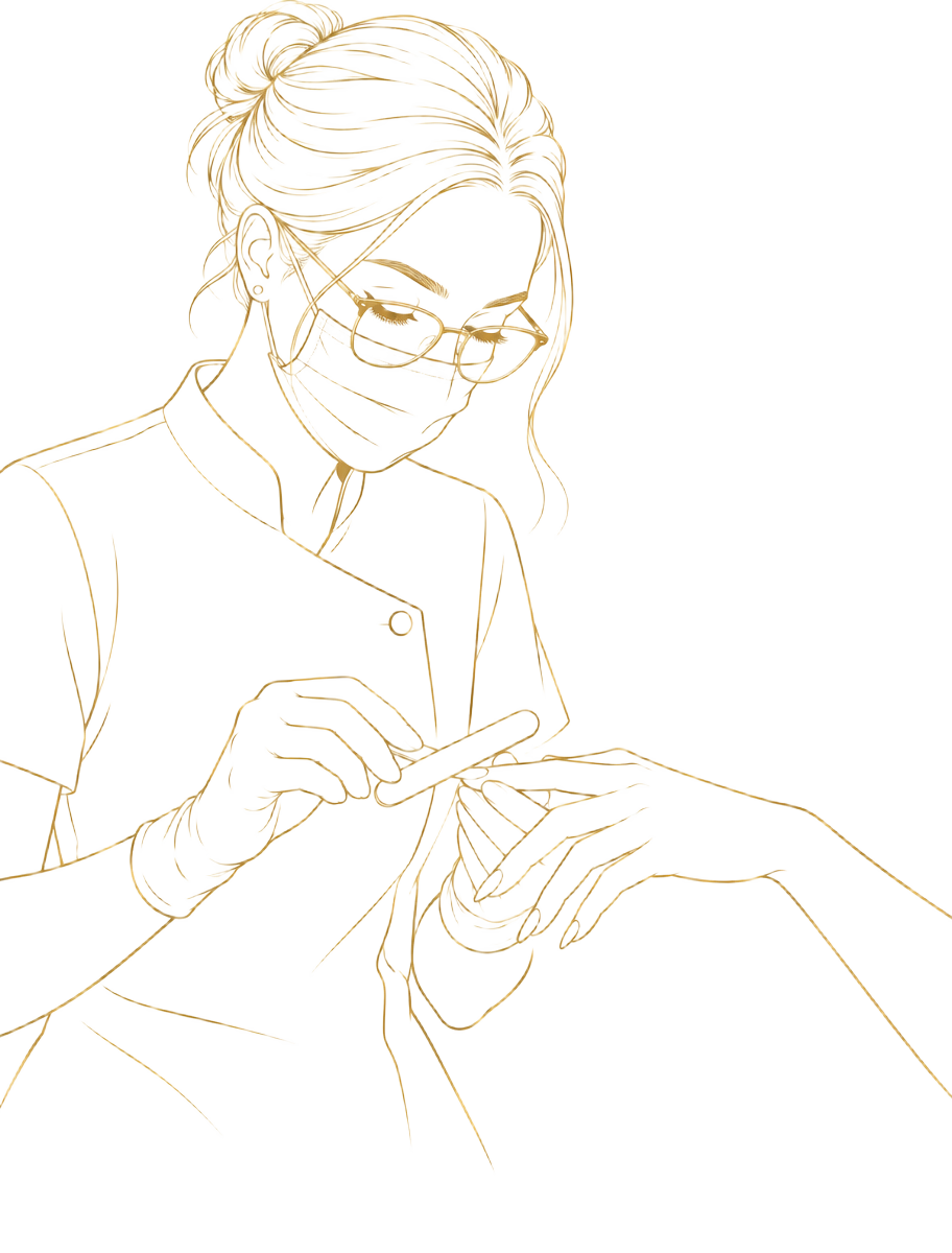 Ilustración a línea dorada de una manicurista limando la mano de una clienta